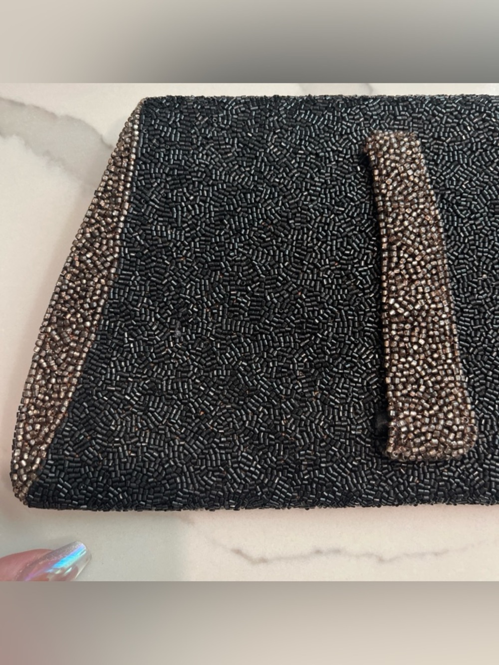 Black Beaded Evening Clutch Brass Color Accents Unique Made in France Chic - Picture 7 of 11